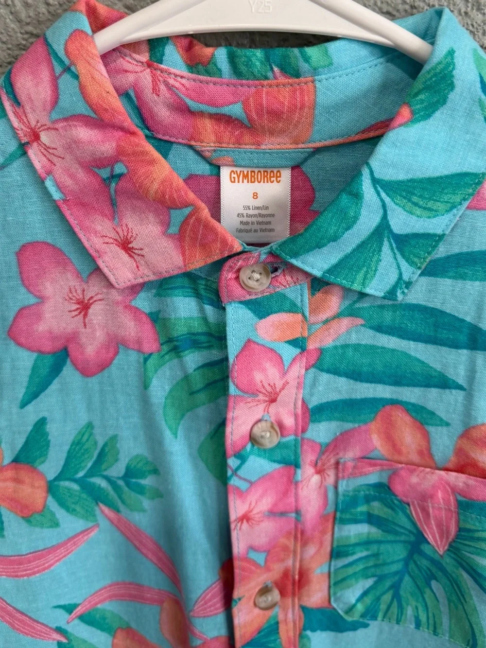 Gymboree Turquoise Button-Down Shirt with Pink and Coral Floral Print